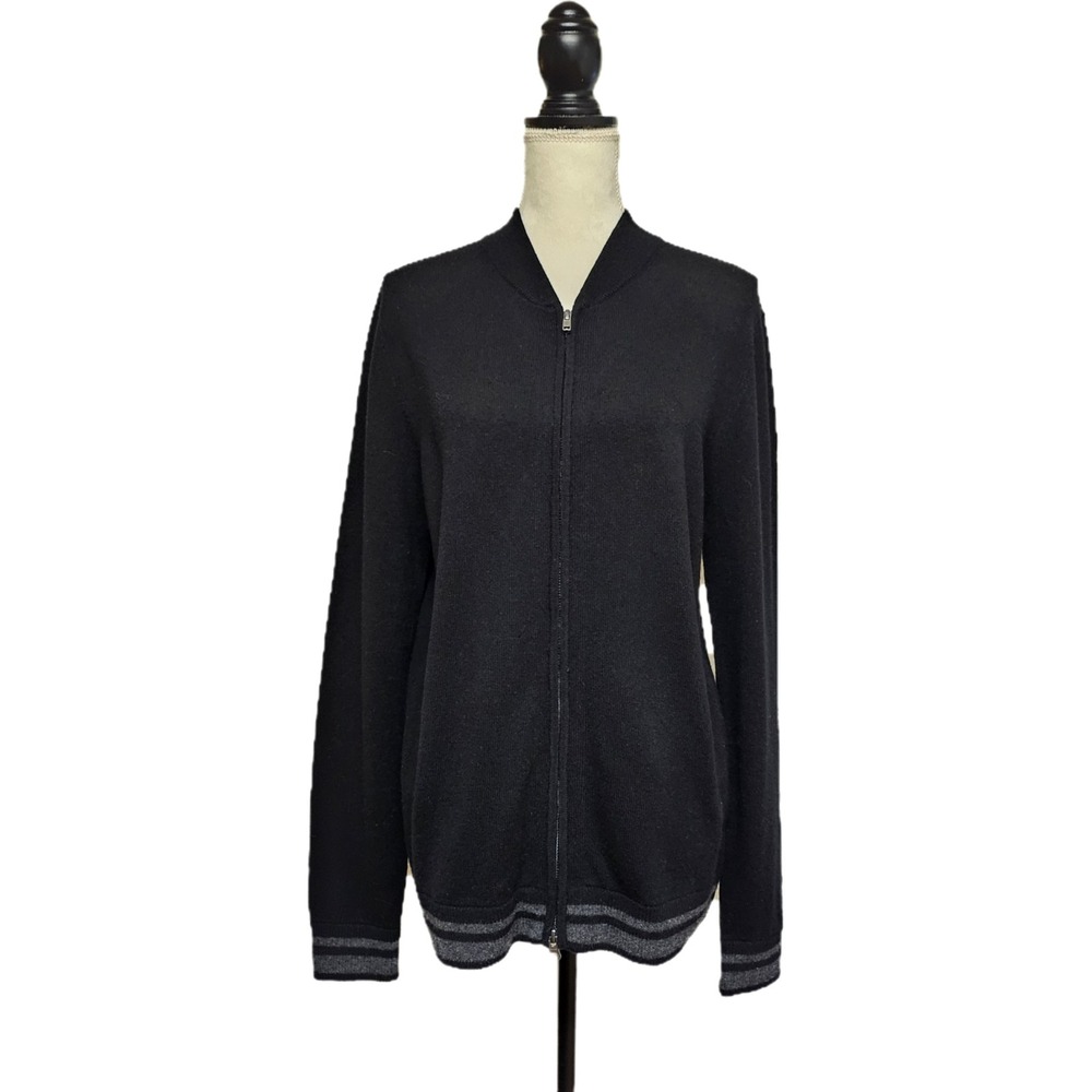 Autumn Cashmere Merino Wool Blend Black Gray Stripe Full Zip Bomber Jacket Sz M